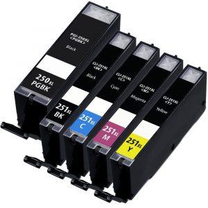 Canon Ink 250 251 XL (Compatible) Combo Pack of 5 Cartridges - PGI-250XL / CLI-251XL - High Yield (1x Pigment Black, 1x Black, 1x Cyan, 1x Magenta, 1x Yellow)