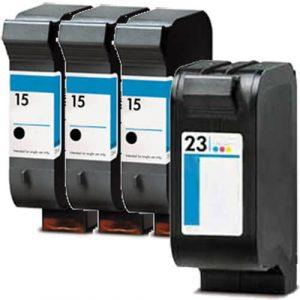 HP 15 / C6615DN / C6615D Black & HP 23 / C1823D Color (4-pack) Replacement Ink Cartridges (3x Black, 1x Color)