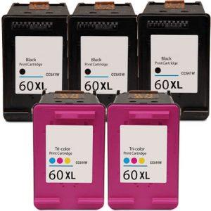 HP 60XL / CC641WN Black & HP 60XL / CC644WN Color (5-pack) Replacement High Yield Ink Cartridges (3x Black, 2x Color)
