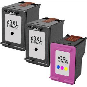 HP 63XL Combo Pack of 3 Replacement Ink Cartridges - High Yield - F6U64AN Black & F6U63AN Color (2x Black, 1x Color)