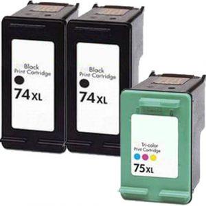HP 74XL / CB336WN Black & HP 75XL / CB338WN Color (3-pack) Replacement High Yield Ink Cartridges (2x Black, 1x Color)