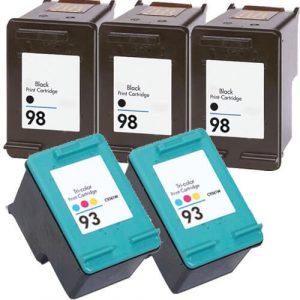 HP 98 / C9364WN Black & HP 93 / C9361WN Color (5-pack) Replacement Ink Cartridges (3x Black, 2x Color)