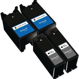 Replacement Ink (4-pack) for Dell T091N Black & Dell T092N Color Series 22 High Yield Ink Cartridges (2x Black, 2x Color)